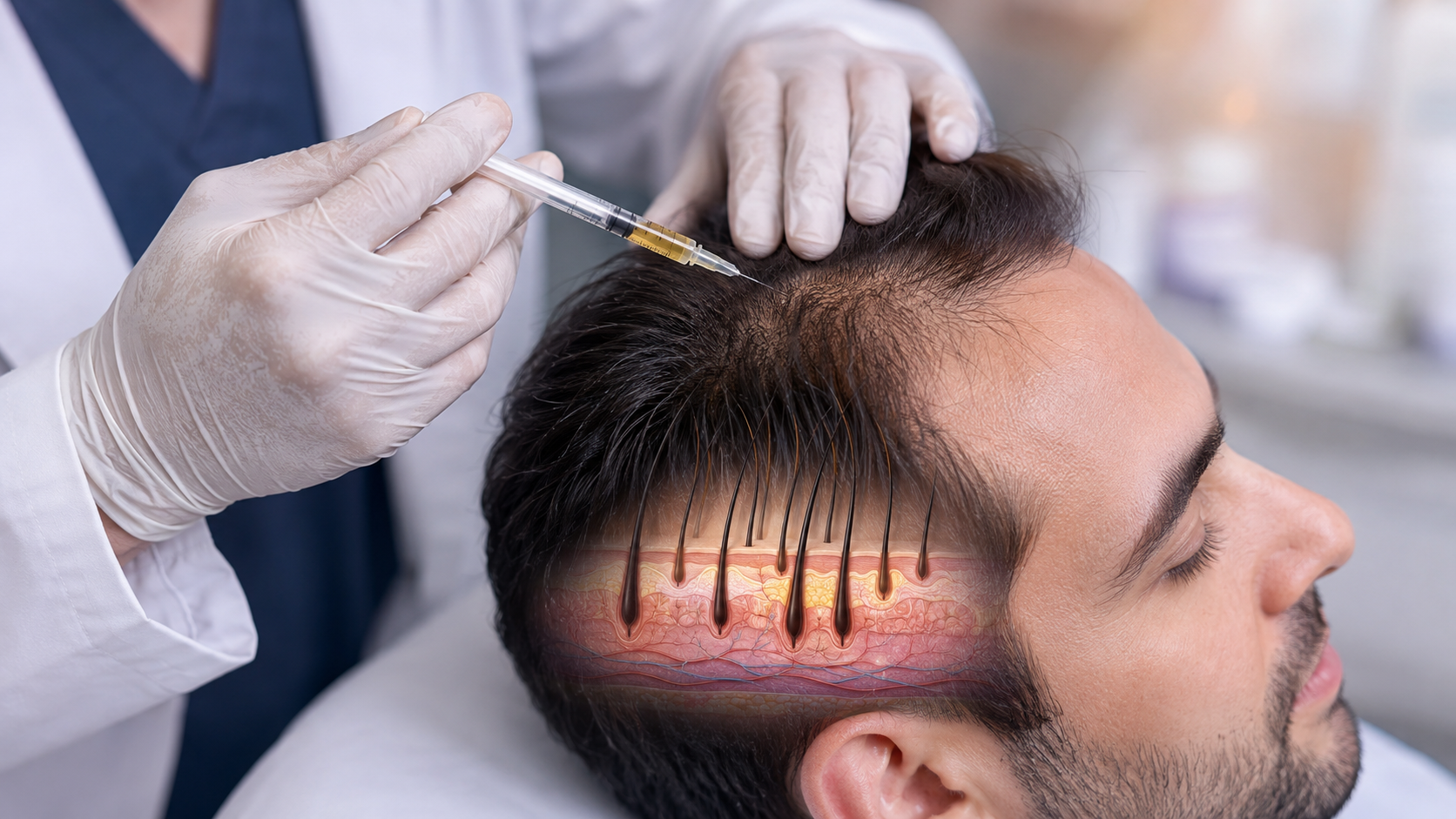 Dermatologist performing PRP scalp treatment with a syringe on a patient with thinning hair.