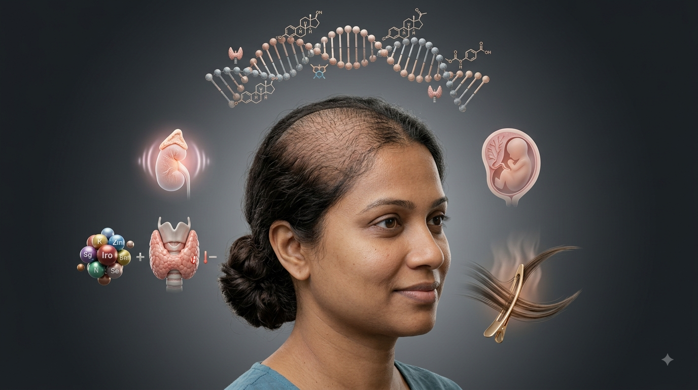Medical visualization depicting potential causes of female hair loss, surrounding an Indian woman's portrait with anatomical 3D graphics of DNA, hormones, thyroid, and nutrients on a dark background.
