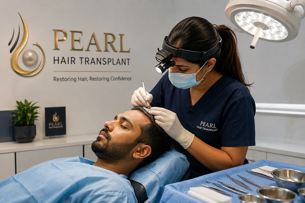 Hairline design consultation showing a doctor marking a natural hairline on a male patient at Pearl Hair Transplant.