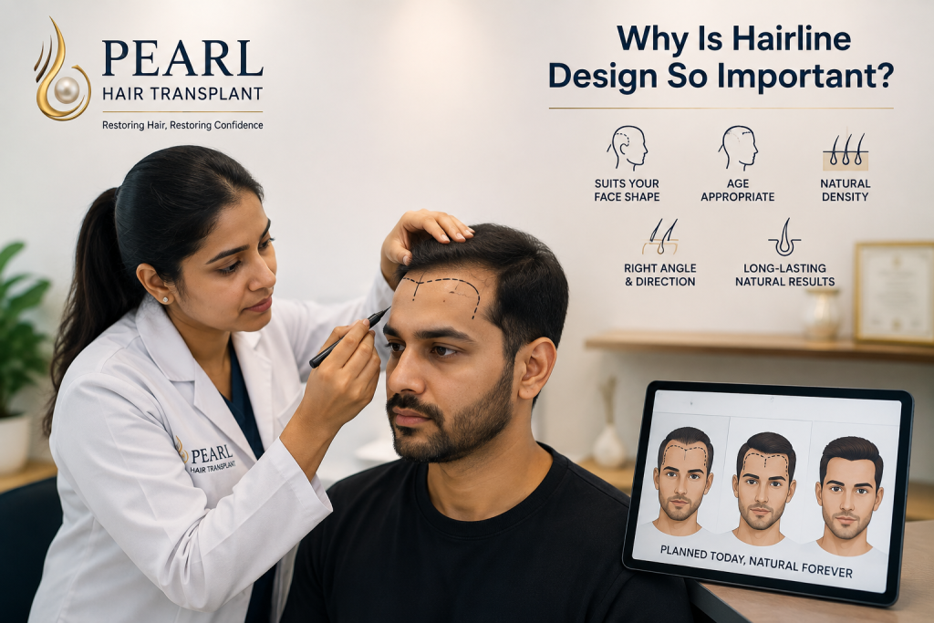 Doctor designing a natural-looking hairline for a male patient during a hair transplant consultation at Pearl Hair Transplant.