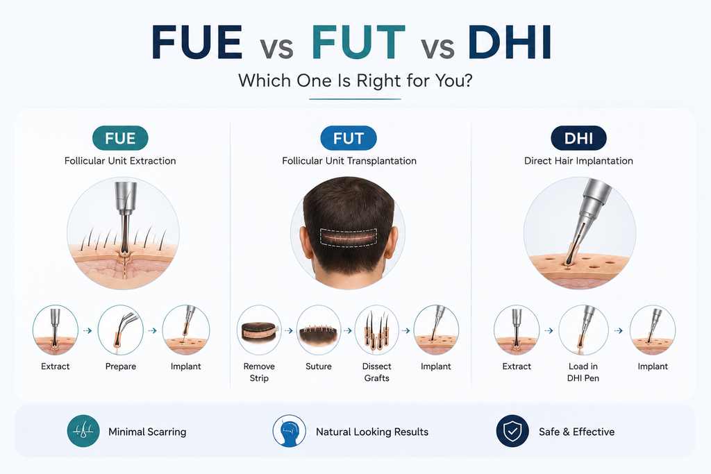 FUE VS FUT VS DHI hair treatment option